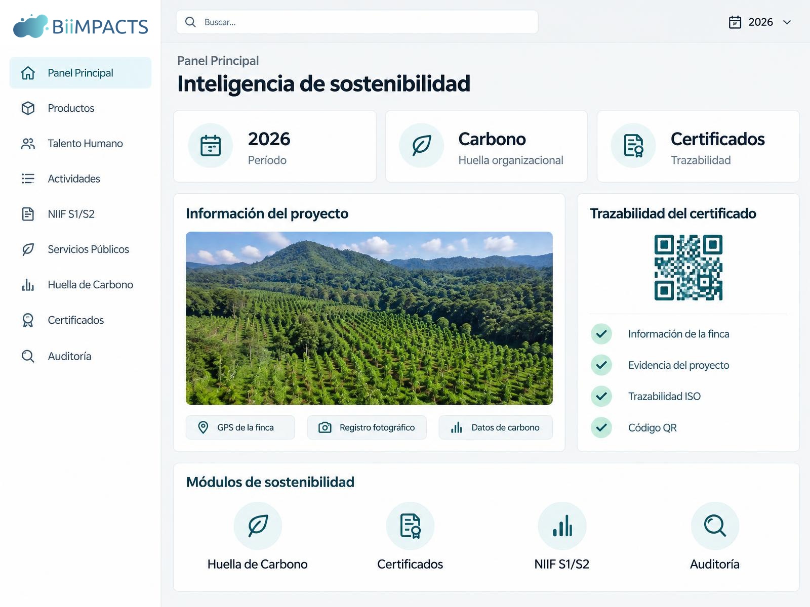 Recreación ilustrativa del panel BiiMPACTS con módulos de sostenibilidad y trazabilidad del proyecto