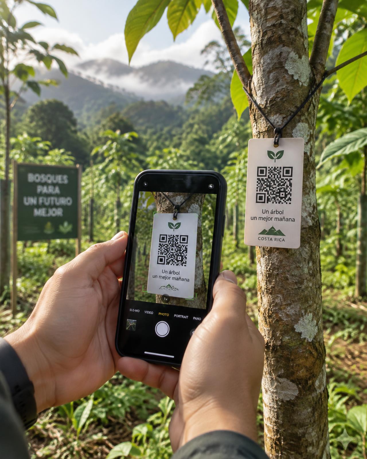 Escaneo del código QR de trazabilidad en un árbol de un proyecto de reforestación